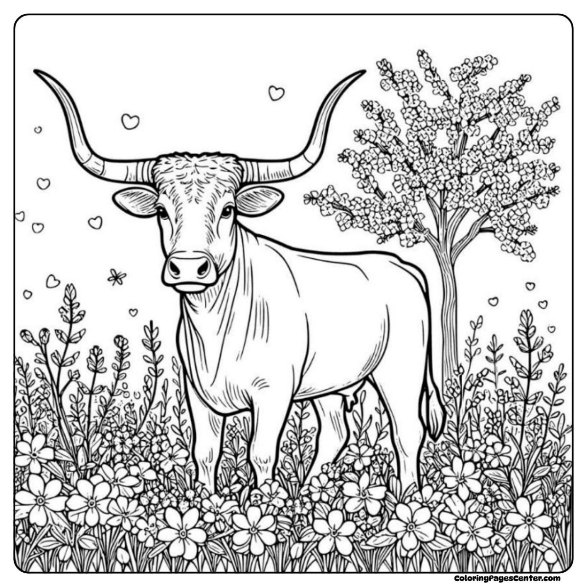 Longhorn cow coloring sheet with flowers, a blooming tree, and soft grass