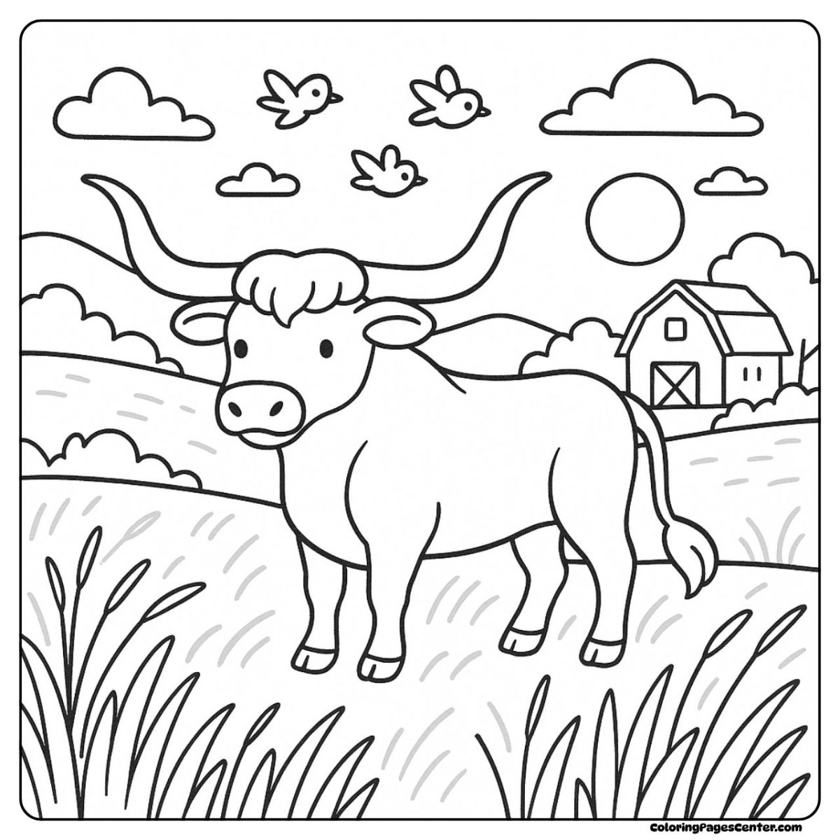 Longhorn cow coloring page with a barn, bright sky, and birds flying above
