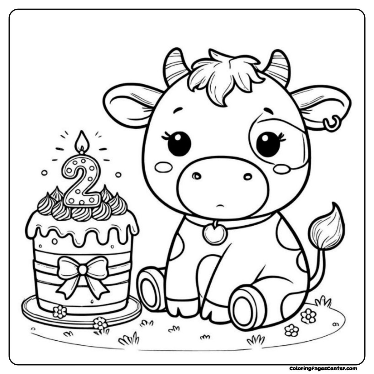 Birthday Cow Coloring Page, Adorable Calf and Small Cake with Candle