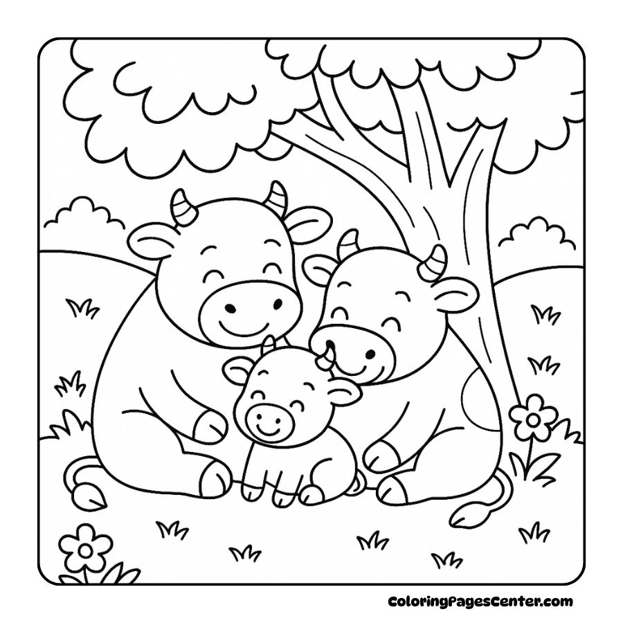 Cow coloring pages of a cow family cuddling under a tree