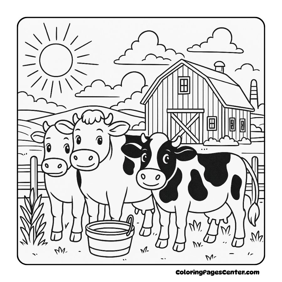 Three cow coloring pages with a wooden barn and sunshine