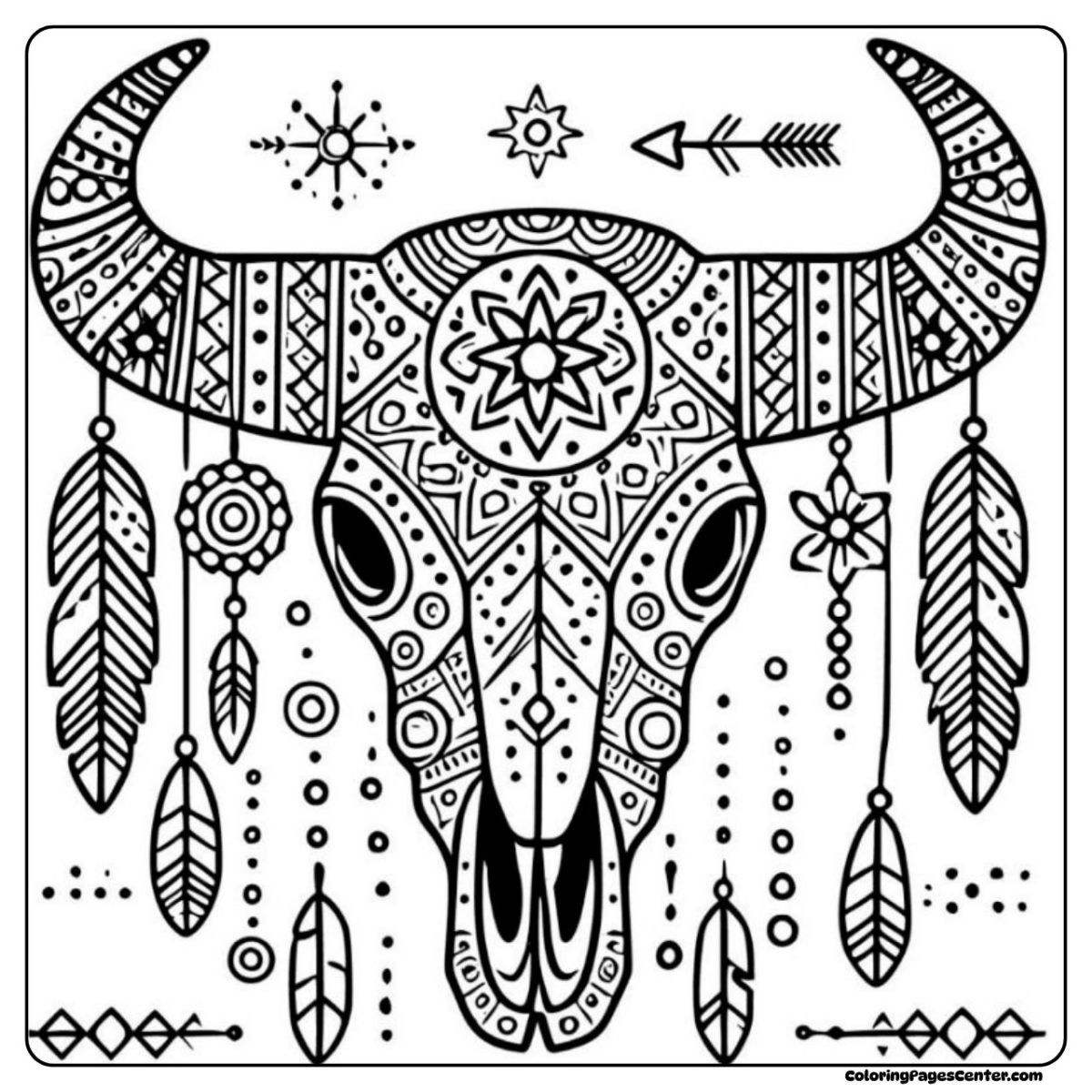Cow skull coloring page with feathers, patterns, and tribal inspiration
