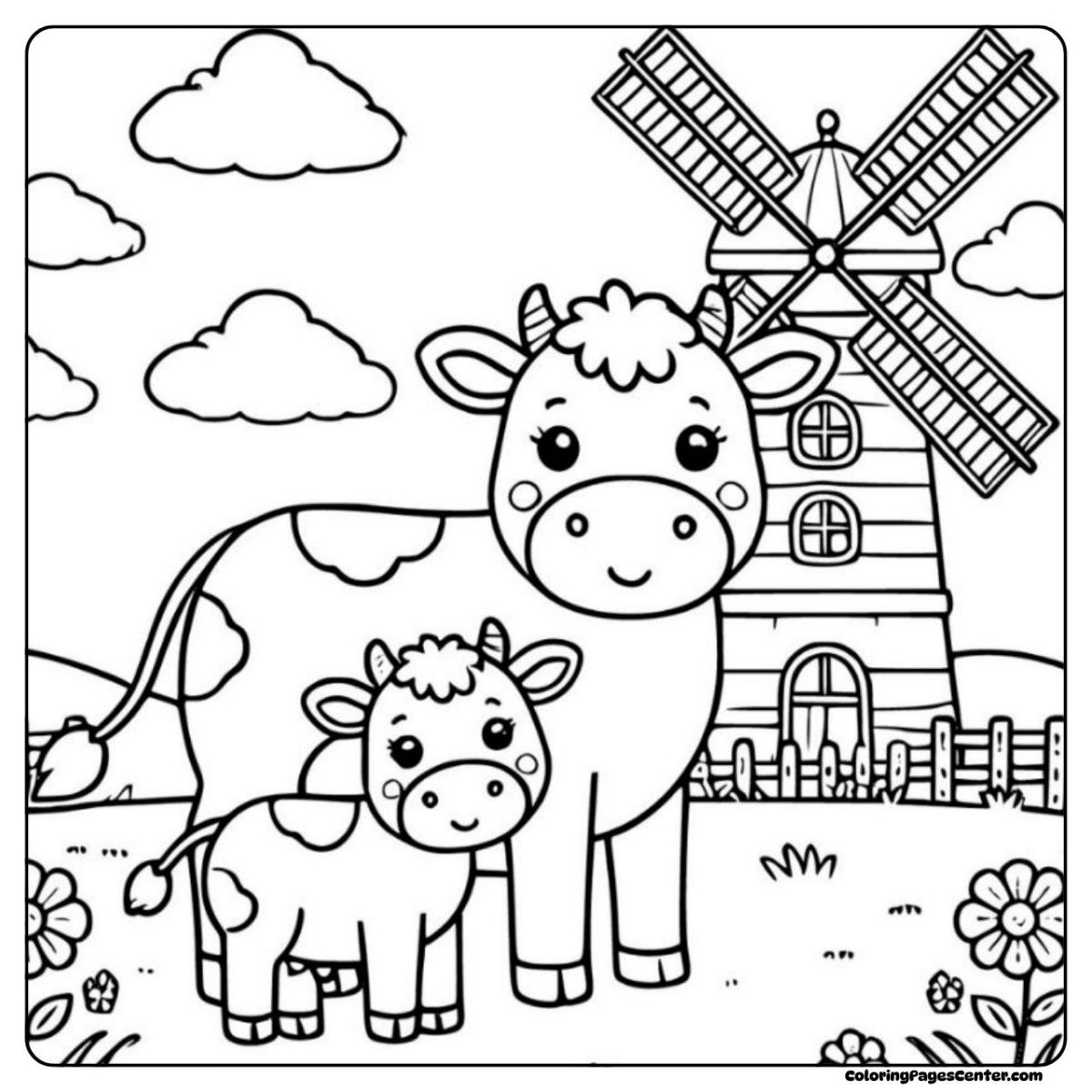 Cow and calf coloring page with windmill and flowers