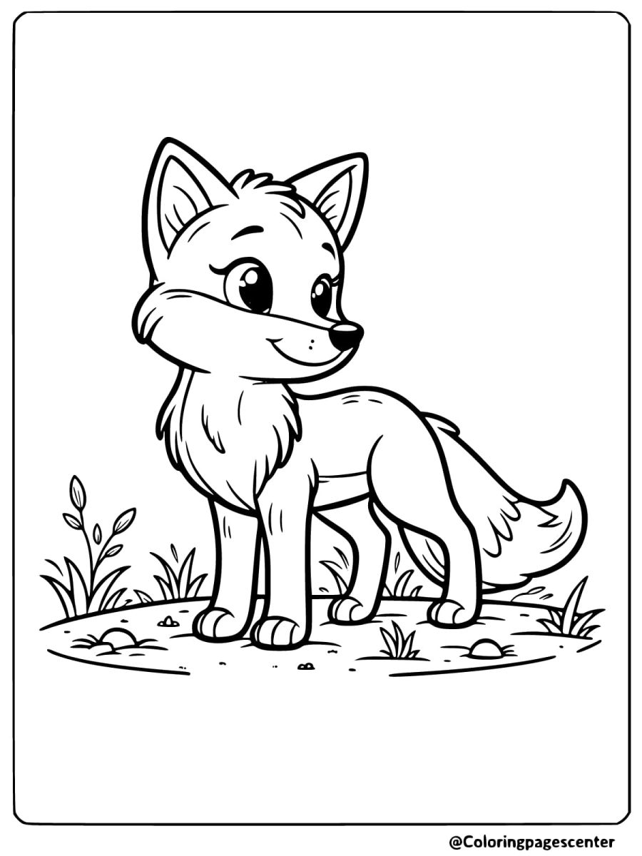 Coloring page of an alert fox standing confidently on the grass