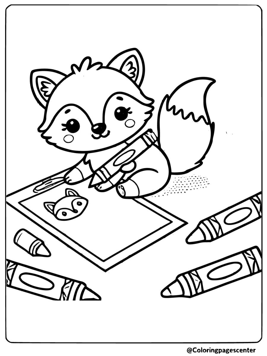 Creative baby fox drawing a picture with crayons coloring page