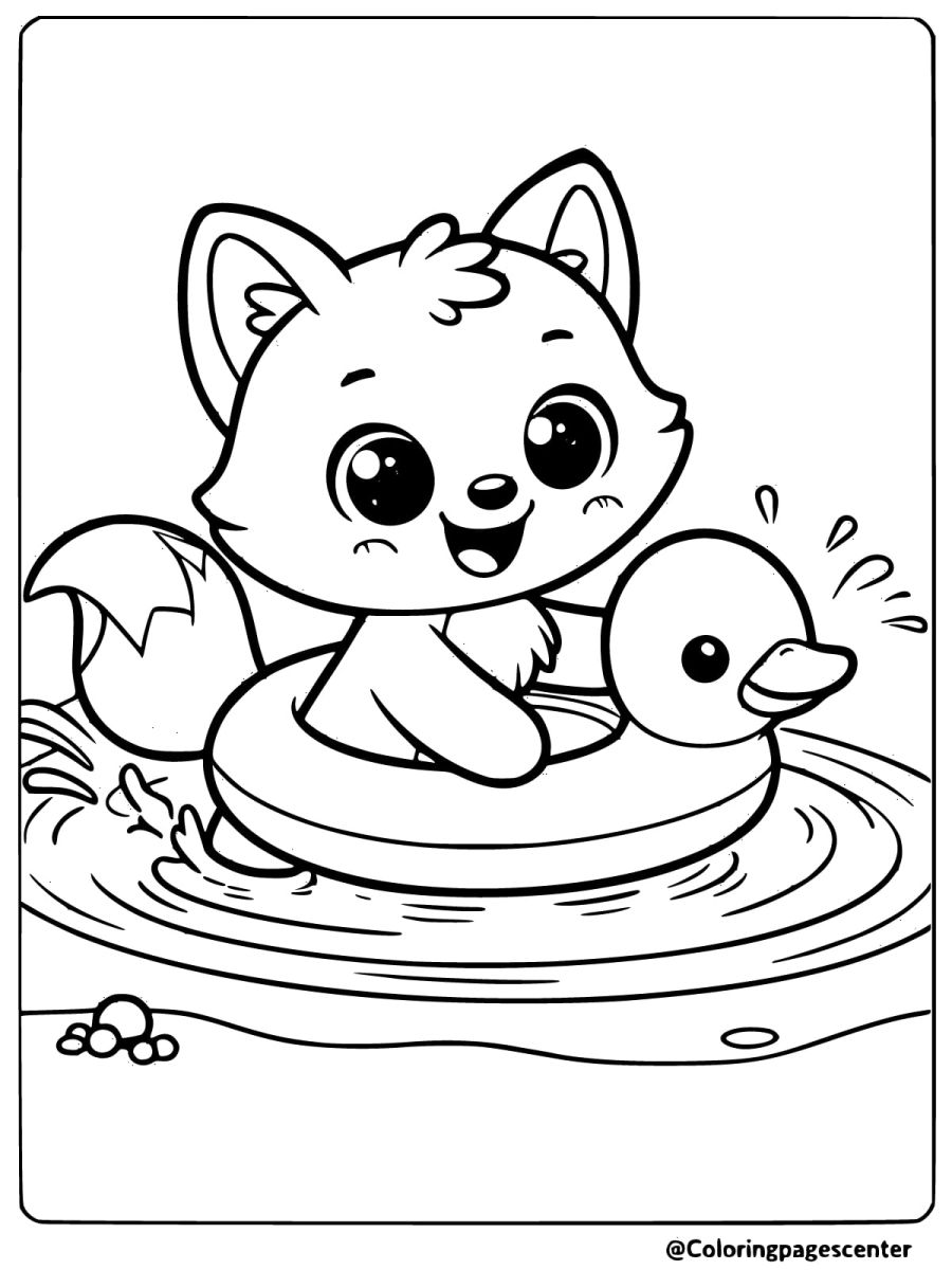 Baby fox having fun in a duck-shaped float coloring page