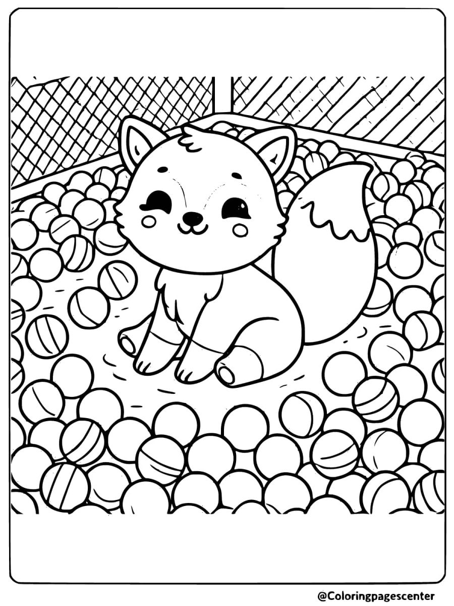 Playful baby fox surrounded by balls in a ball pit coloring page