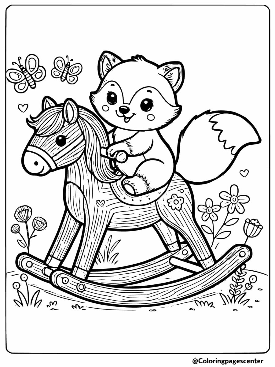 Baby fox happily rocking on a wooden horse coloring page