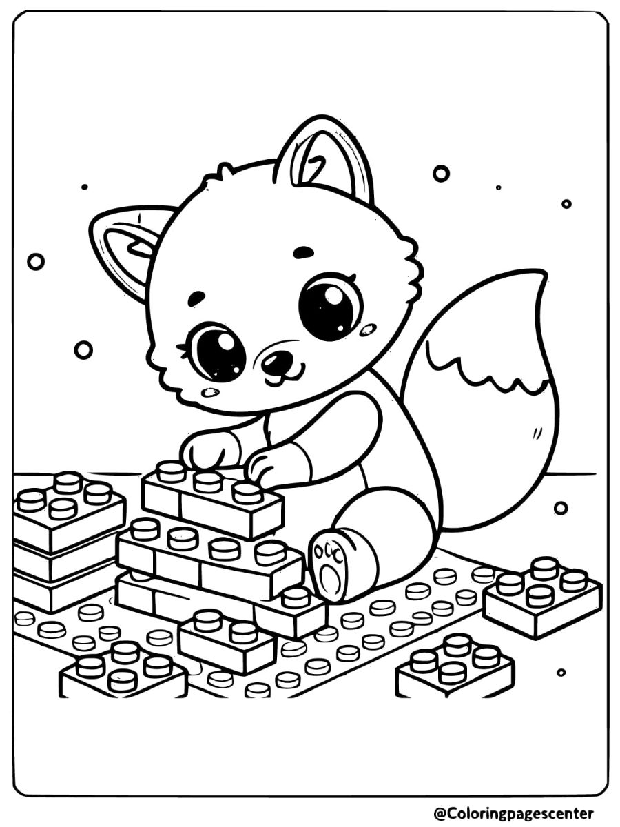 Adorable baby fox building with blocks coloring page