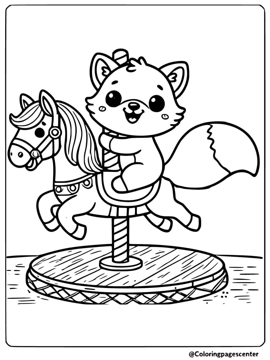 Cute baby fox enjoying a ride on a carousel coloring page