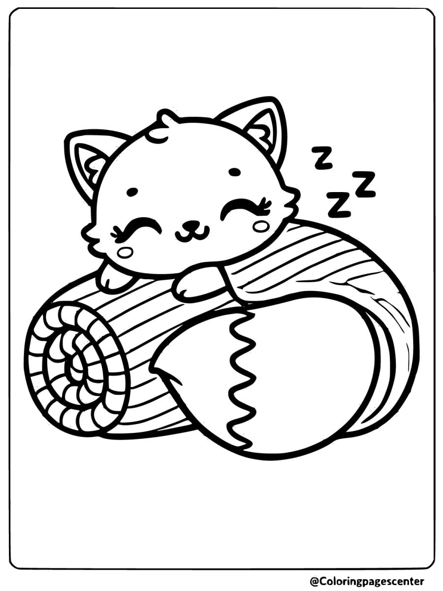 Peaceful baby fox sleeping curled up on a log coloring page