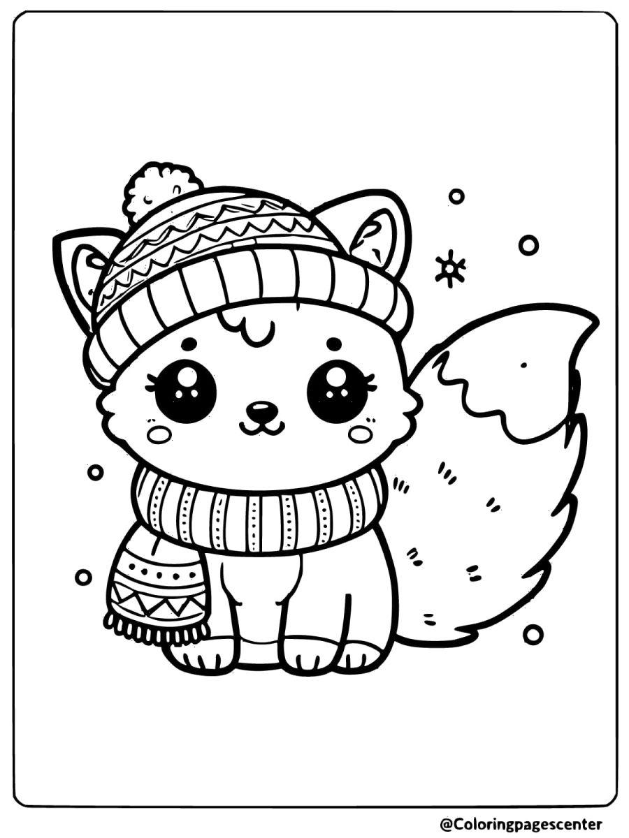 Cozy baby fox wearing a hat and scarf in winter coloring page