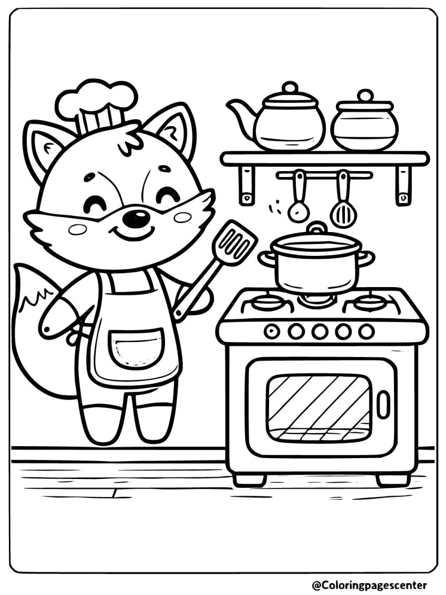 Coloring page of a fox as a chef cooking on a stove