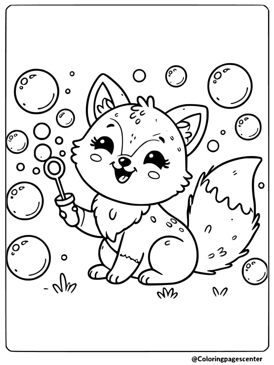 Cute fox blowing bubbles in the air coloring page