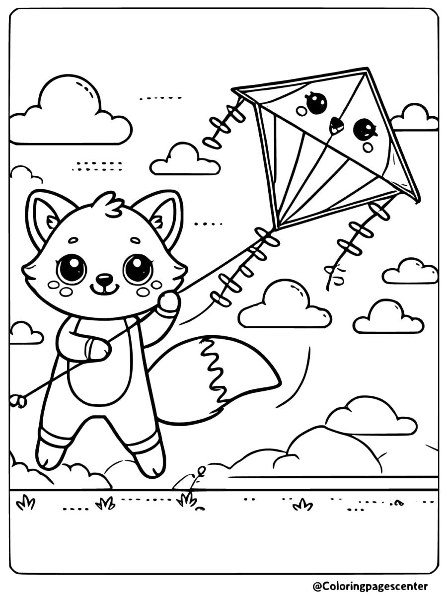 Cheerful cute fox flying a kite outdoors coloring page