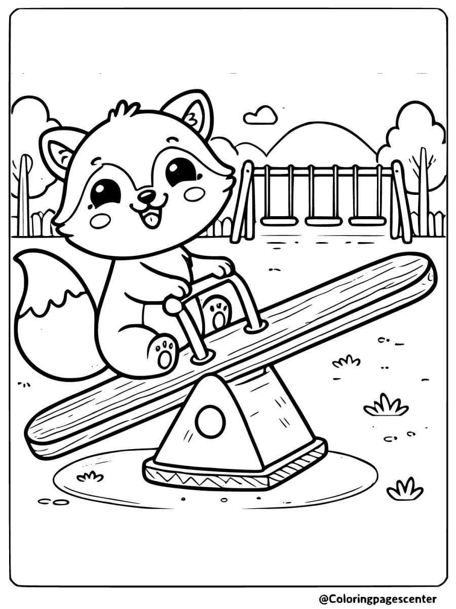 Happy cute fox balancing on a seesaw at playground coloring page