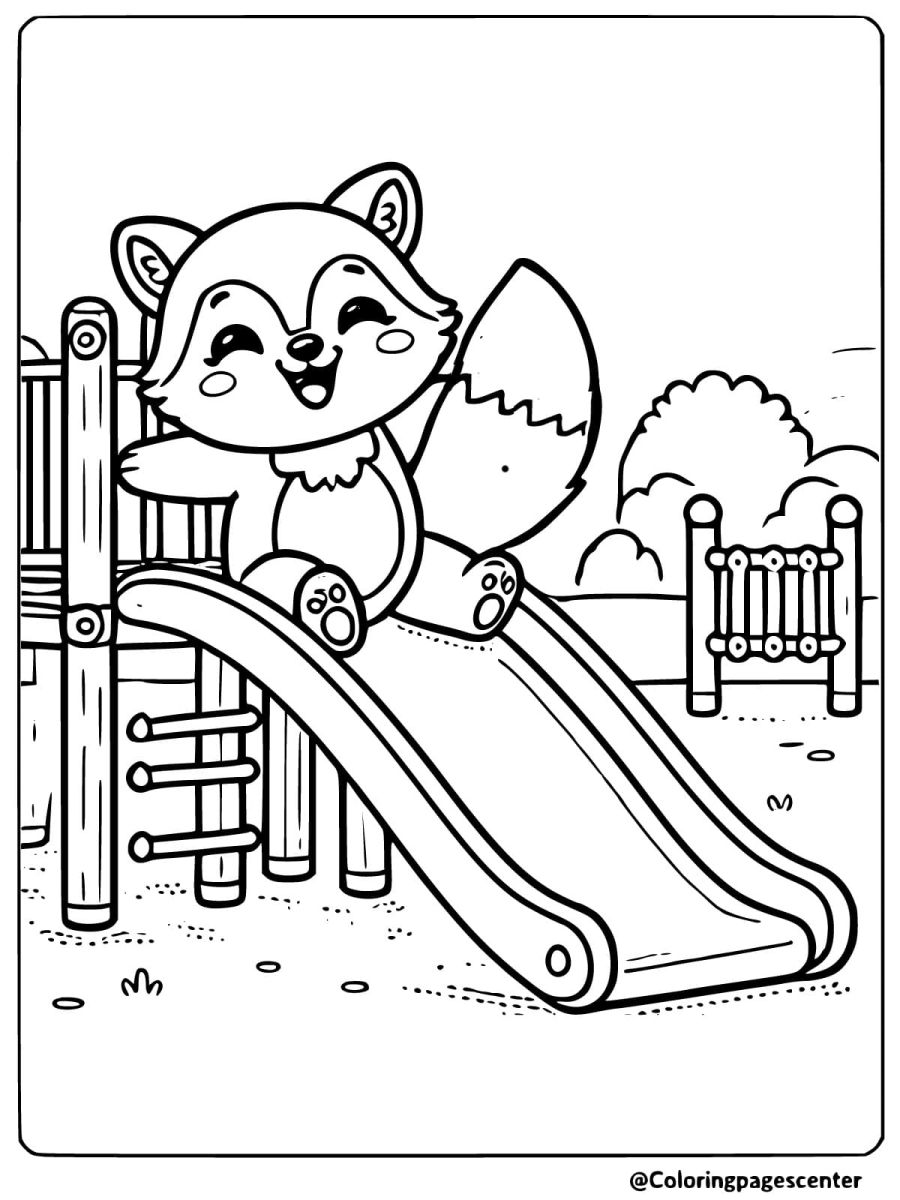 Playful cute fox enjoying a slide at the park coloring page