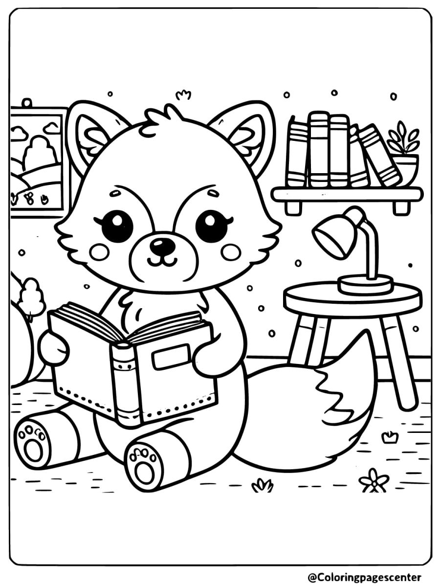 Adorable cute fox reading a book in cozy room coloring page