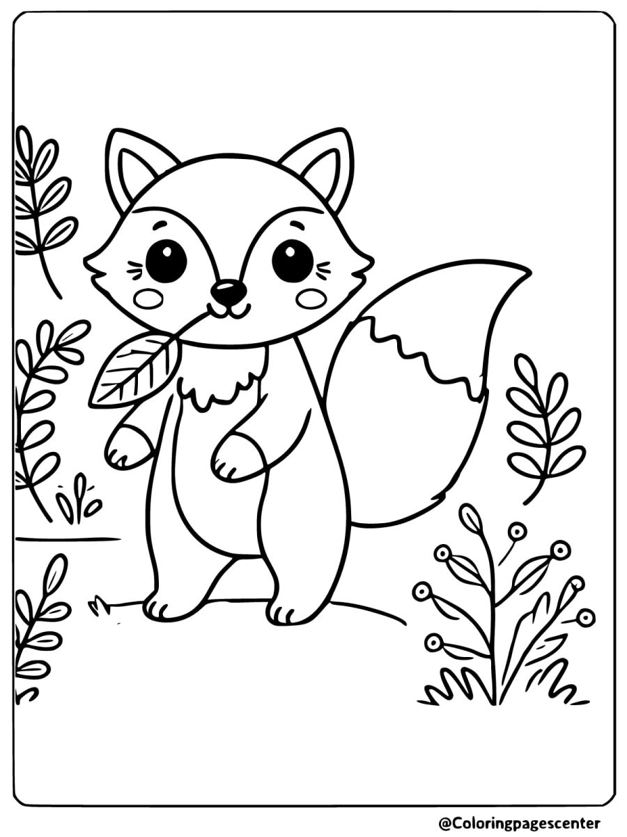 Cute fox holding a leaf in the forest coloring page