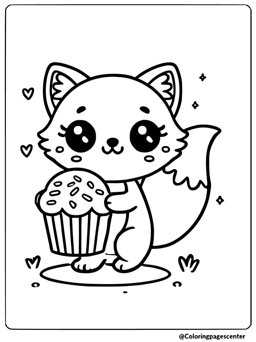 Coloring page of an easy fox holding a muffin, fun and engaging for kids