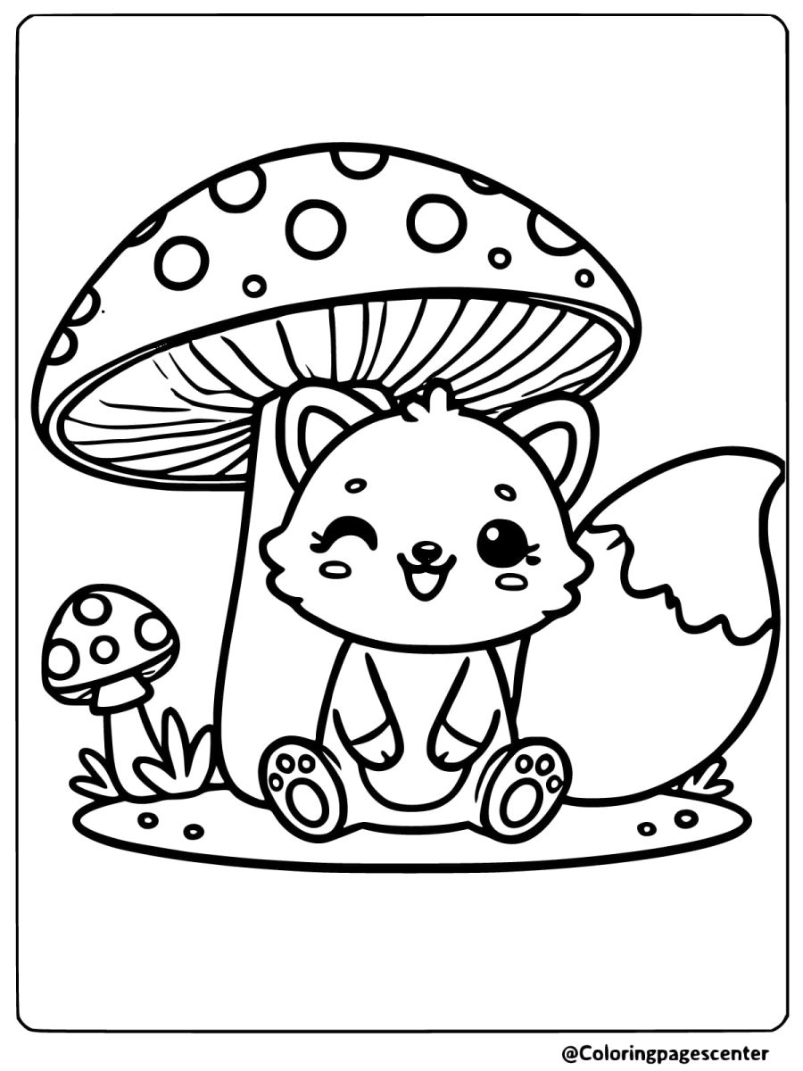 Coloring page of an easy fox sitting under a mushroom, fun and simple