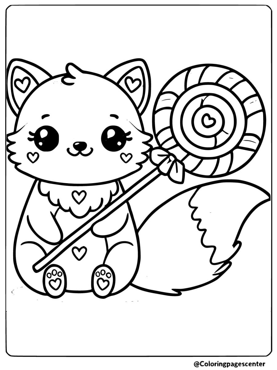 Coloring page of an easy fox holding a lollipop, delightful for young artists