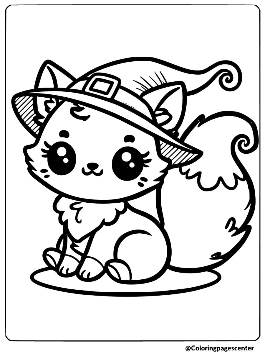 Coloring page of an easy fox wearing a witch hat, perfect for Halloween