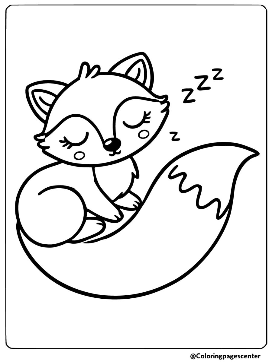 Coloring page of a sleeping easy fox with its tail wrapped, cozy and calm