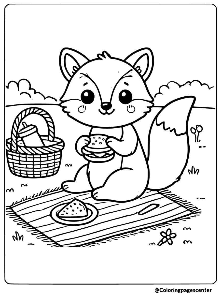 Coloring page of a fox enjoying a picnic with a sandwich