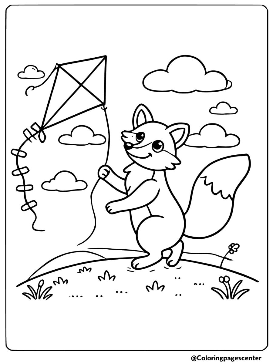 Coloring page of a fox flying a kite in an open field