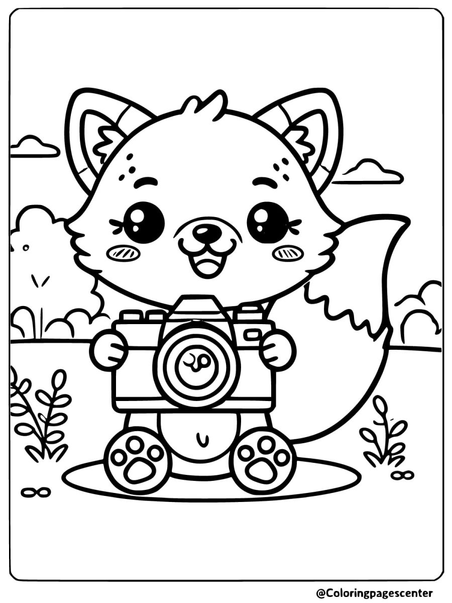 Coloring page of a fox holding a camera ready to take photos