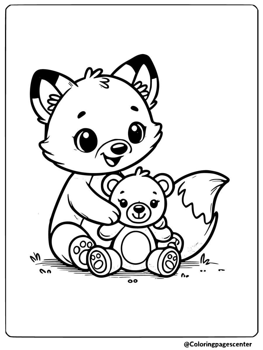 Coloring page of a fox hugging a teddy bear on grass