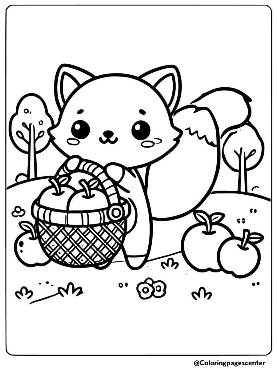 Coloring page of a fox picking apples with a basket in an orchard