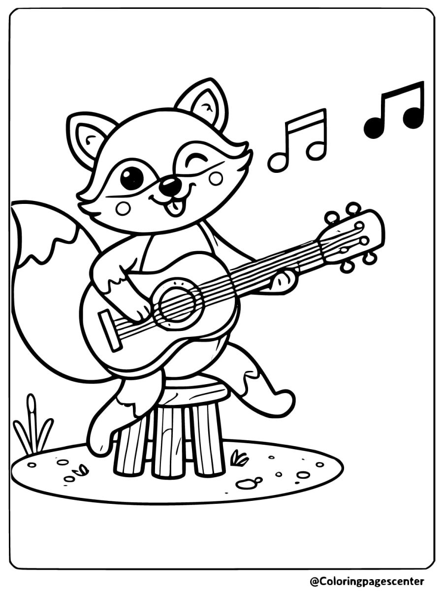 Coloring page of a fox playing guitar and singing joyfully