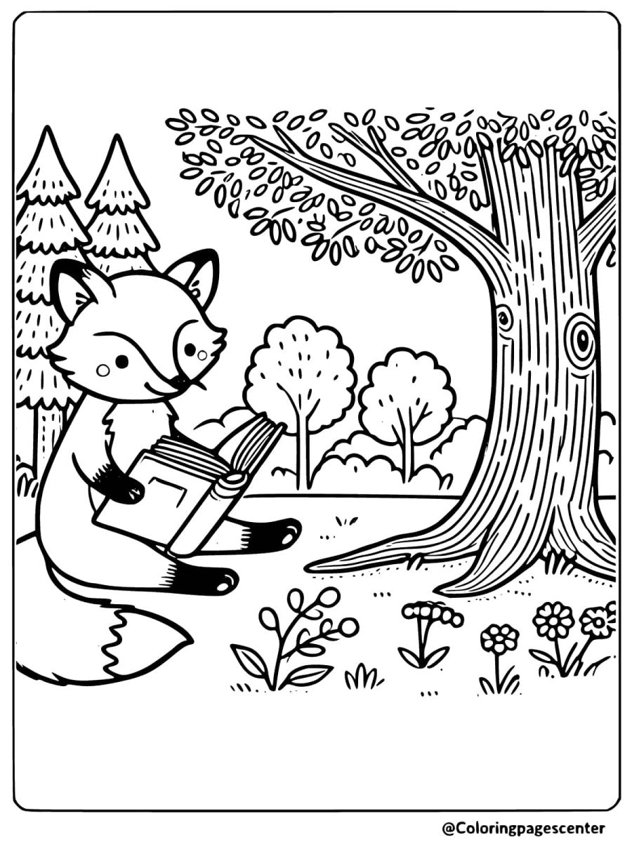 Coloring page of a fox reading a book under a tree in the forest