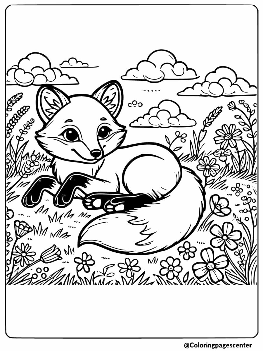 Coloring page of a fox resting in a beautiful field of flowers