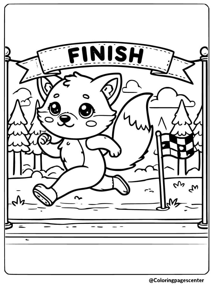 Coloring page of a fox running toward the finish line