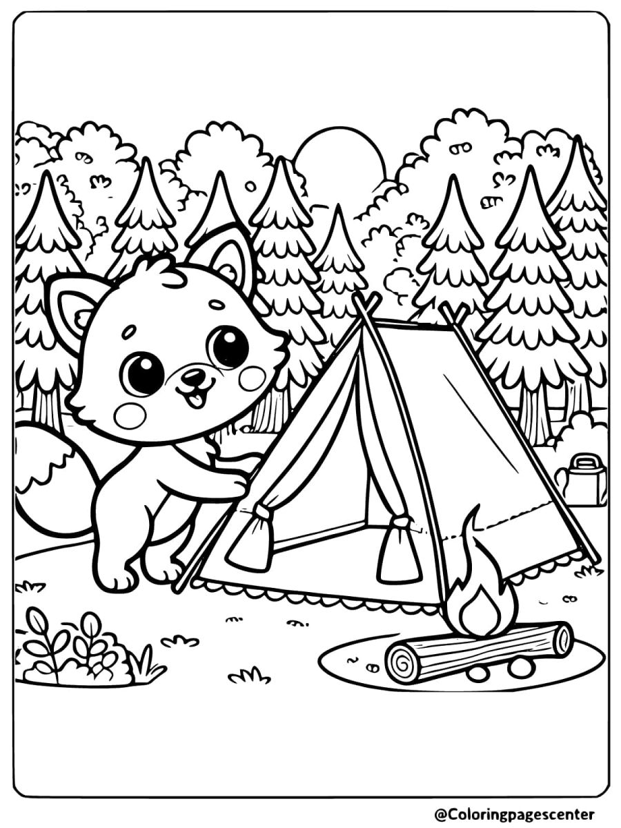 Coloring page of a fox setting up a tent for camping