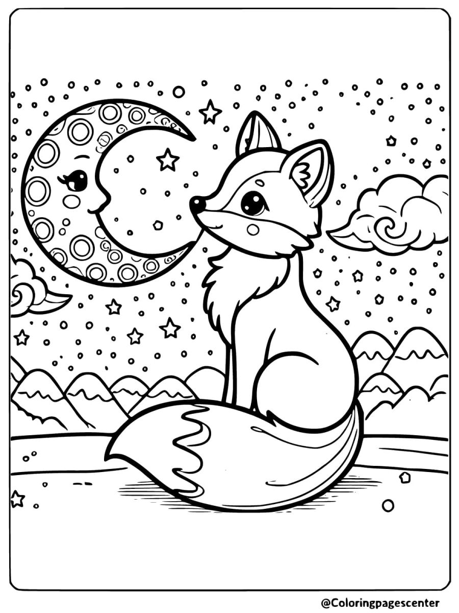 Coloring page of a fox sitting and looking up at the moon