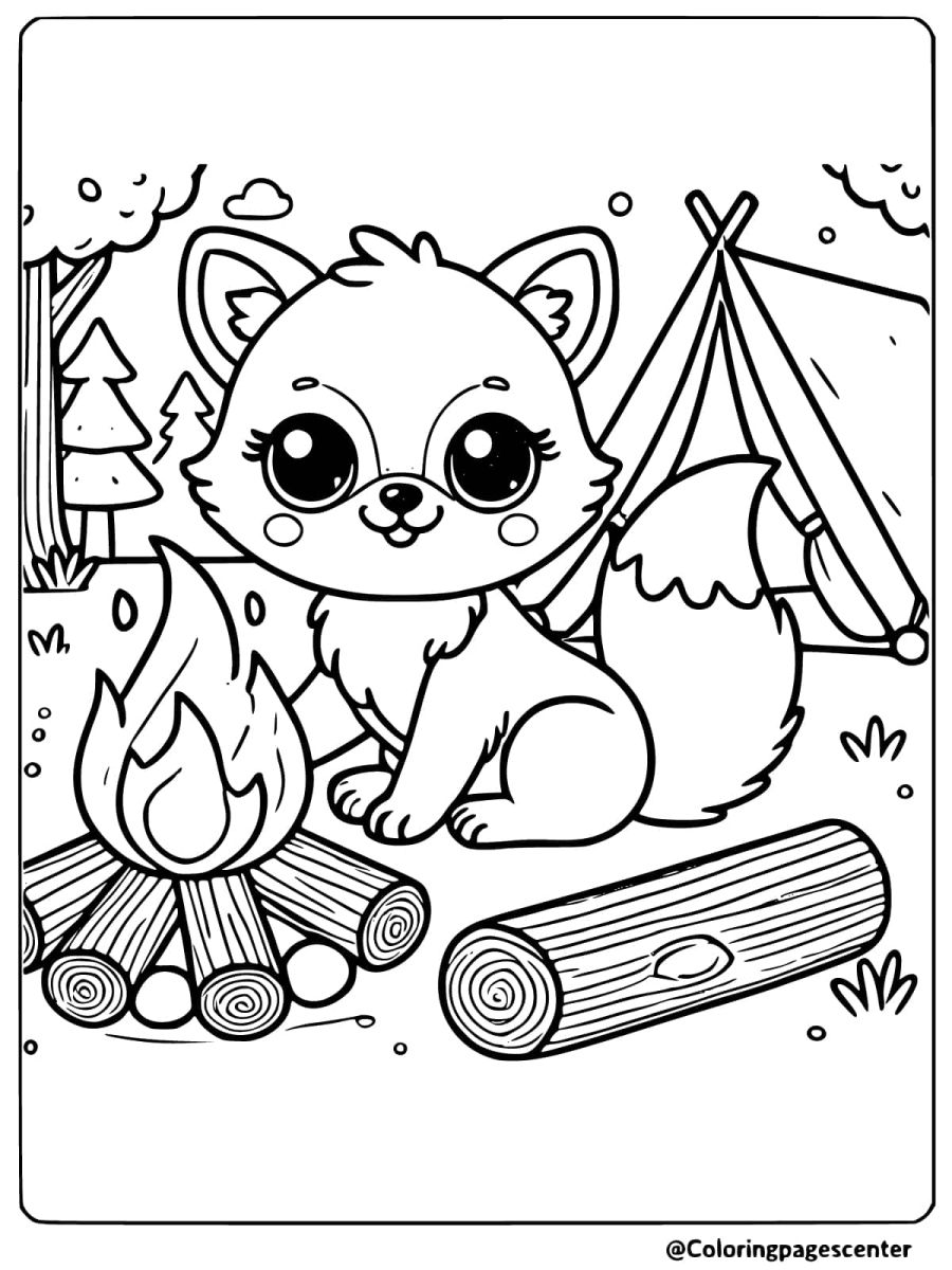 Coloring page of a fox sitting by a campfire with a tent in the background