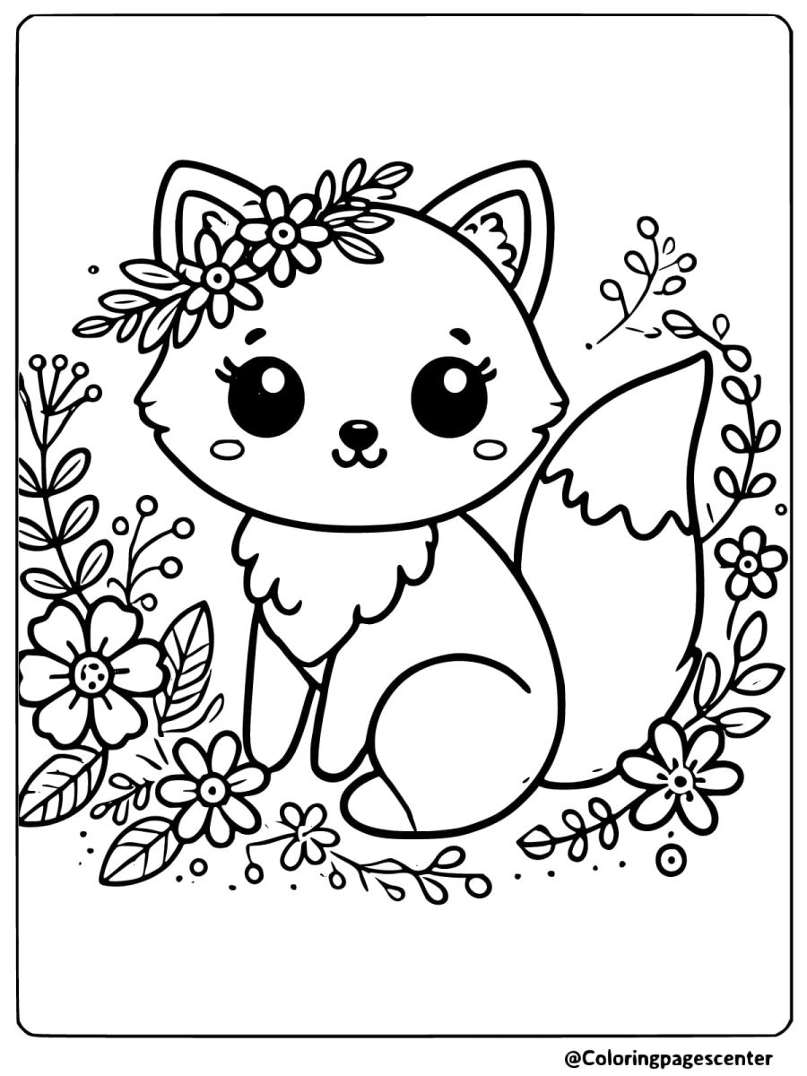 Coloring page of a fox sitting in a flower wreath wearing a floral crown