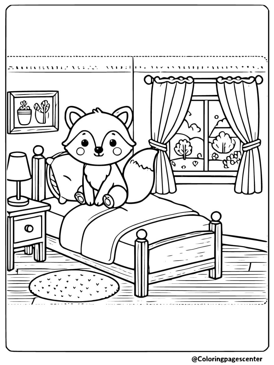 Coloring page of a fox sitting on bed in a cozy bedroom