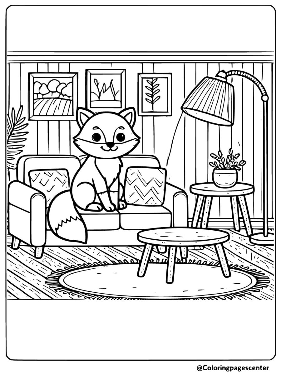 Coloring page of a fox sitting on a couch in a cozy living room