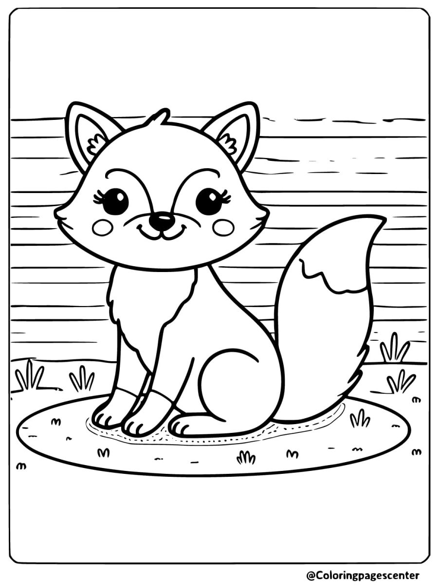 Coloring page of a fox sitting on the ground with a happy expression