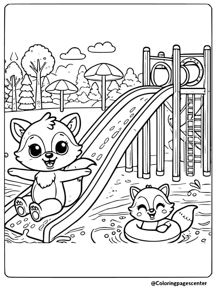 Coloring page of a fox sliding into a pool at a water park