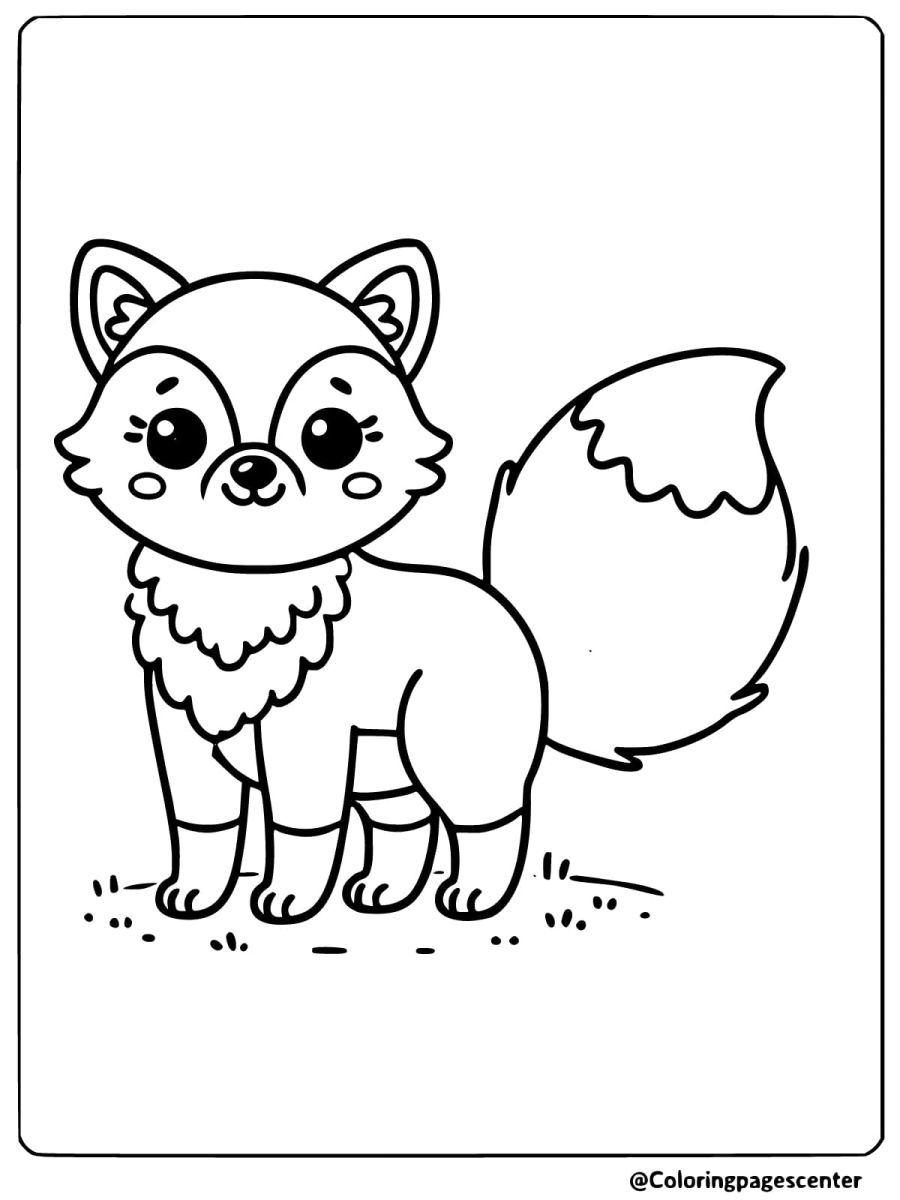 Coloring page of a fox standing on grass with a curious expression