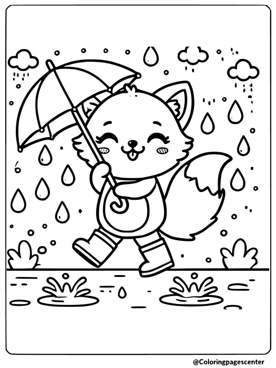 Coloring page of a fox walking in the rain with an umbrella