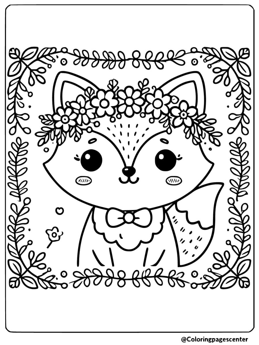 Coloring page of a fox wearing a floral crown in a decorative frame