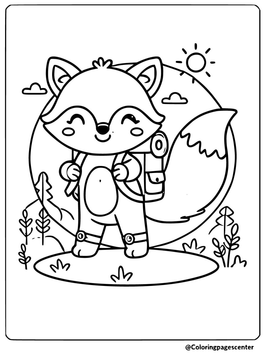 Coloring page of a fox with a backpack ready for an adventure