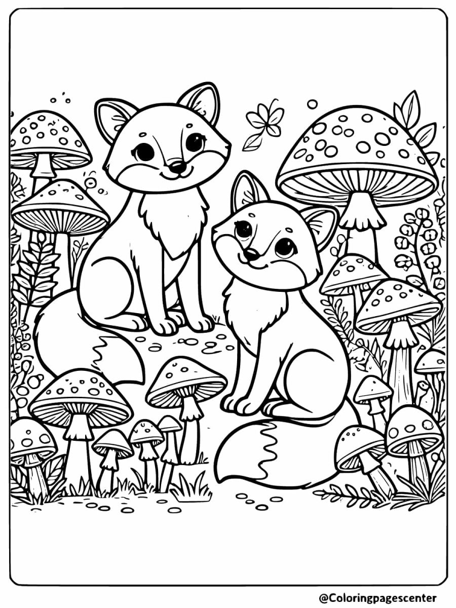 Foxes with mushrooms, creative foxes coloring page